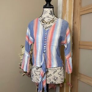Girl Krazy Cropped Blouse Bell Flared Sleeves Stripped Front Button/Tie Size M